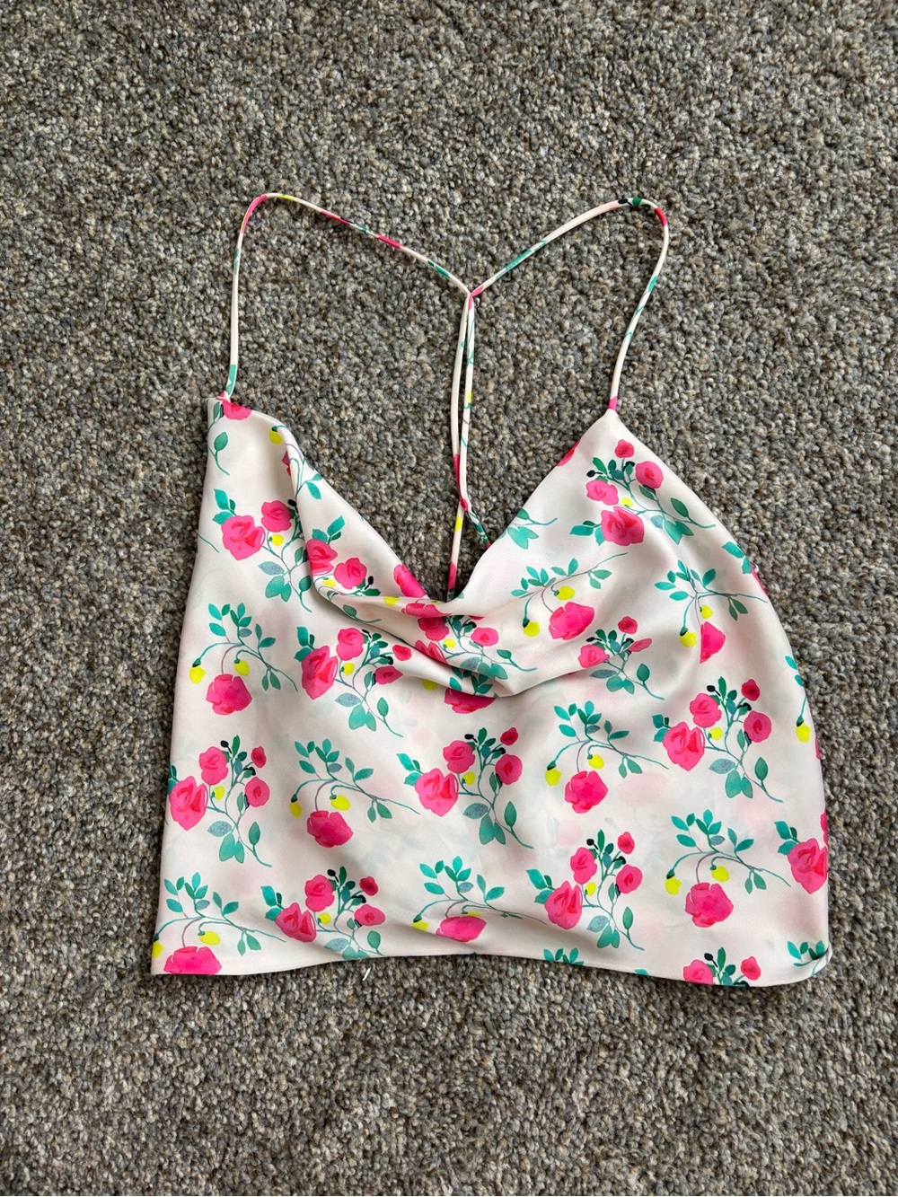Zara Cream Floral Cowl Neck Satin Cami - Pink & Green Print